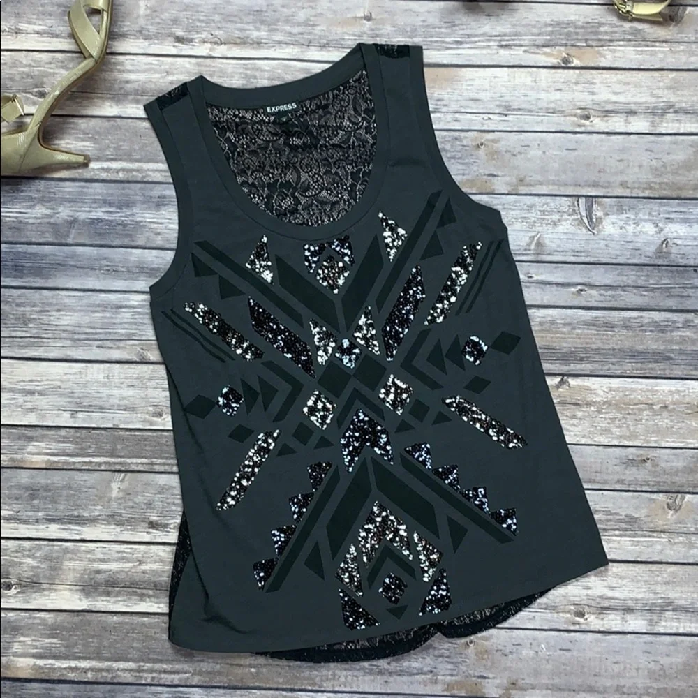 Express | Gray/Black Sequin Tank w/Lace Back | S